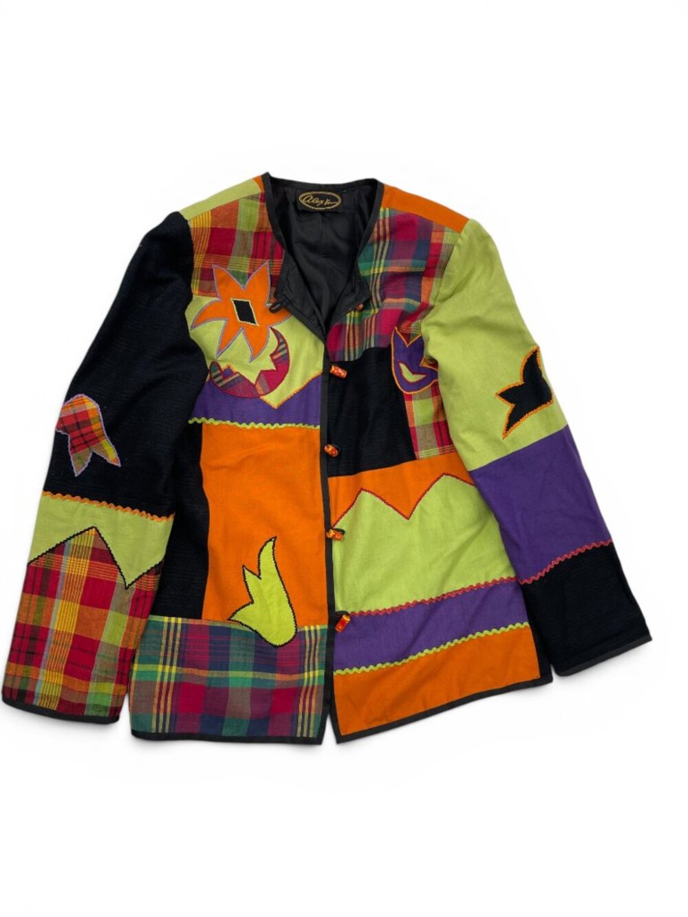Alex Kim Floral Patchwork Jacket Art To Wear Vintage 90s Embroidered Plaid Large